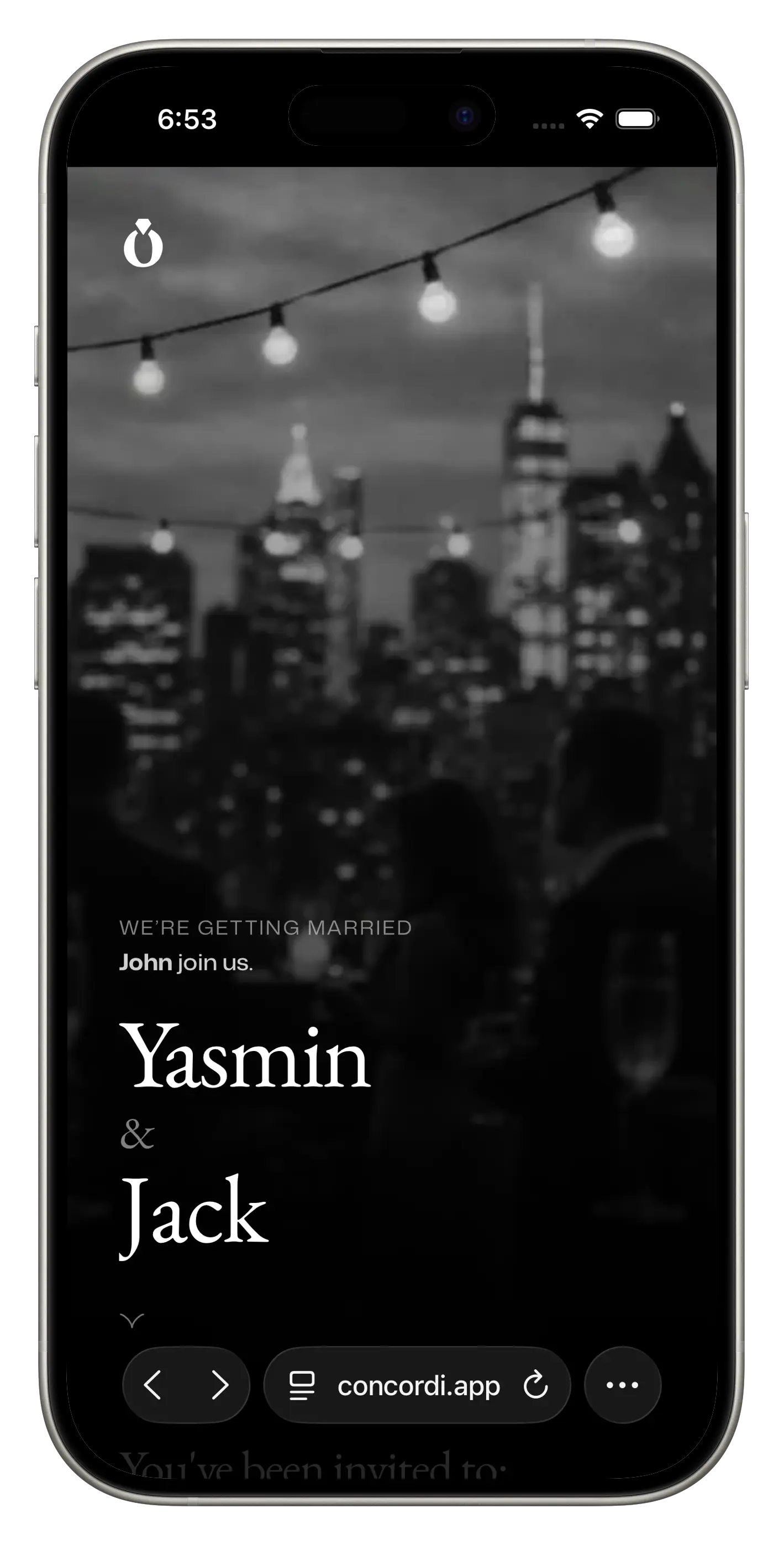 Concordi wedding invitation on a phone