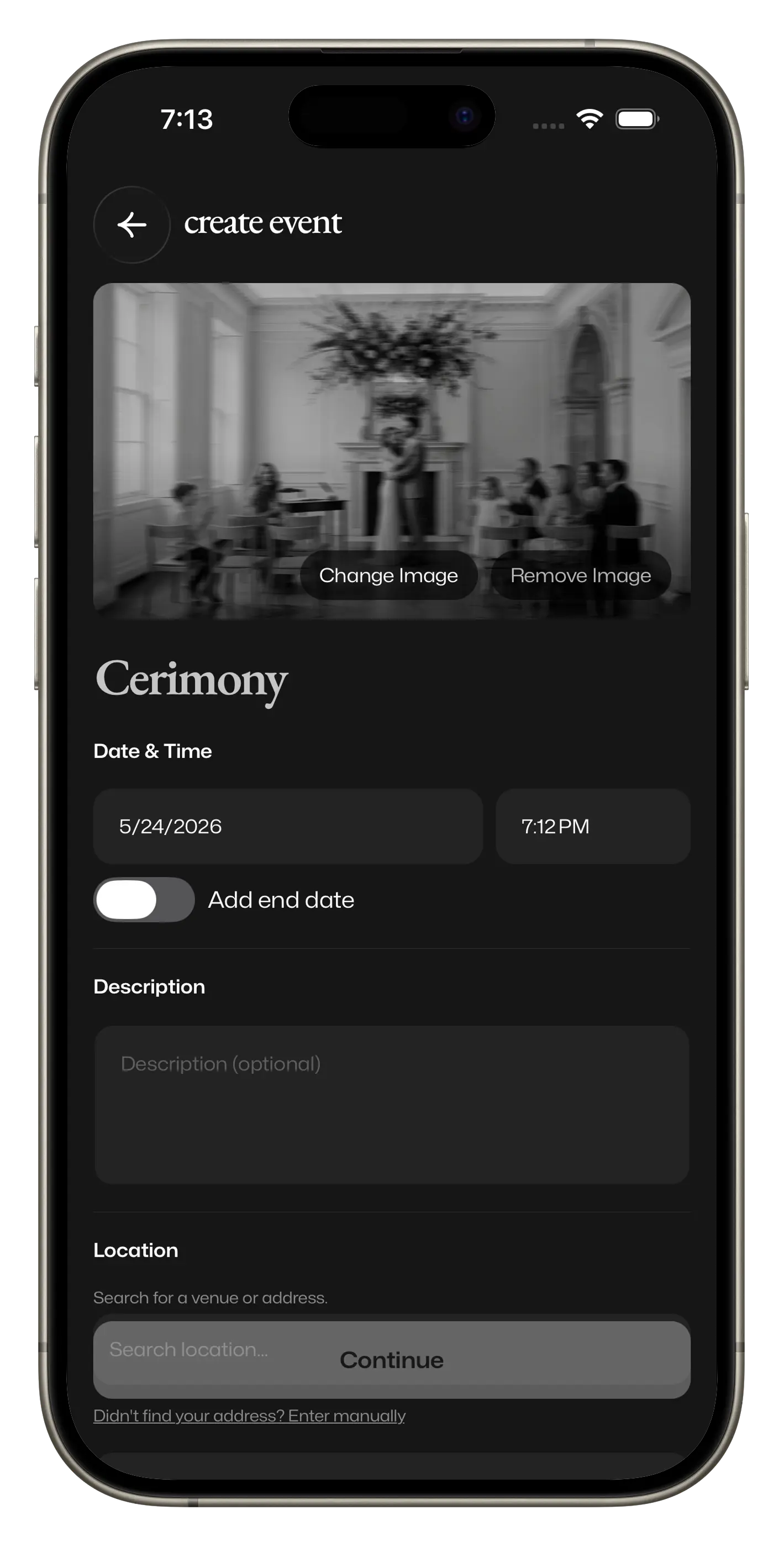 Concordi event creation screen